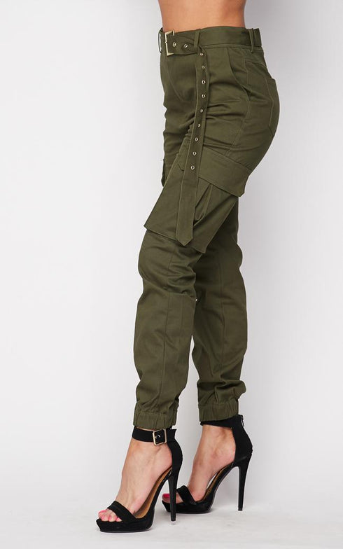 Belted High Waist Cargo Jogger Pants - Olive - SohoGirl.com